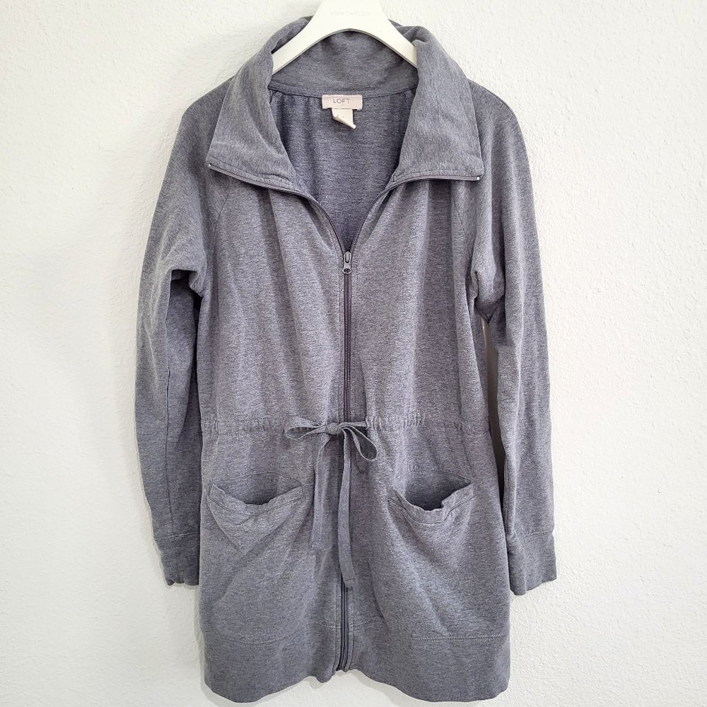 Loft Gray Tunic Length Zip Up Cinch Tie Sweatshirt SZ S